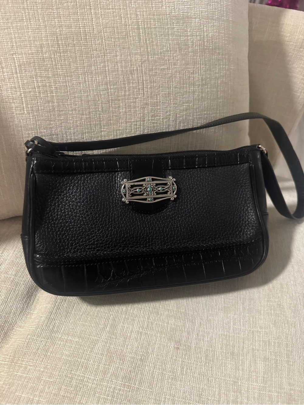 Brighton Small Black Leather Shoulder Bag Turquoise Silver Hardware